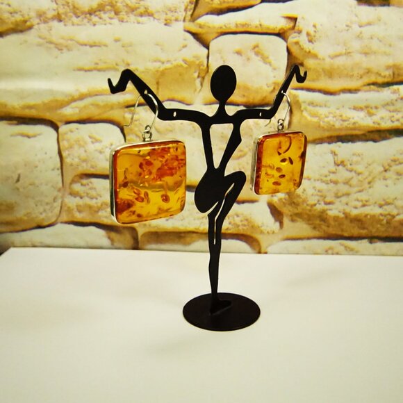 Huge Square Amber Dangle Earrings - Amber And 925 Silver - Rare Gift For Her - Picture 4 of 11
